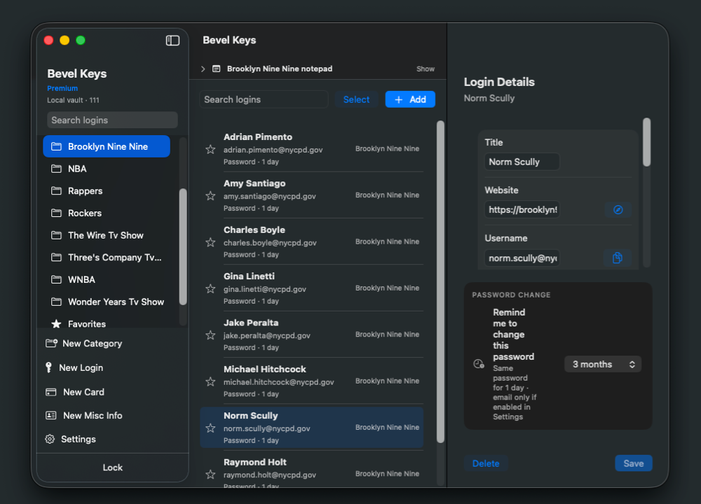 Bevel Keys app window (dark)